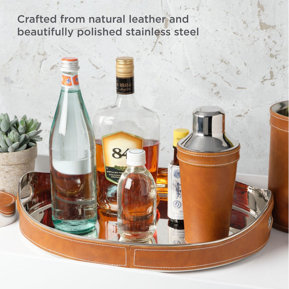 Faux Leather Stitched Oval Serving Bar Tray - Image 4